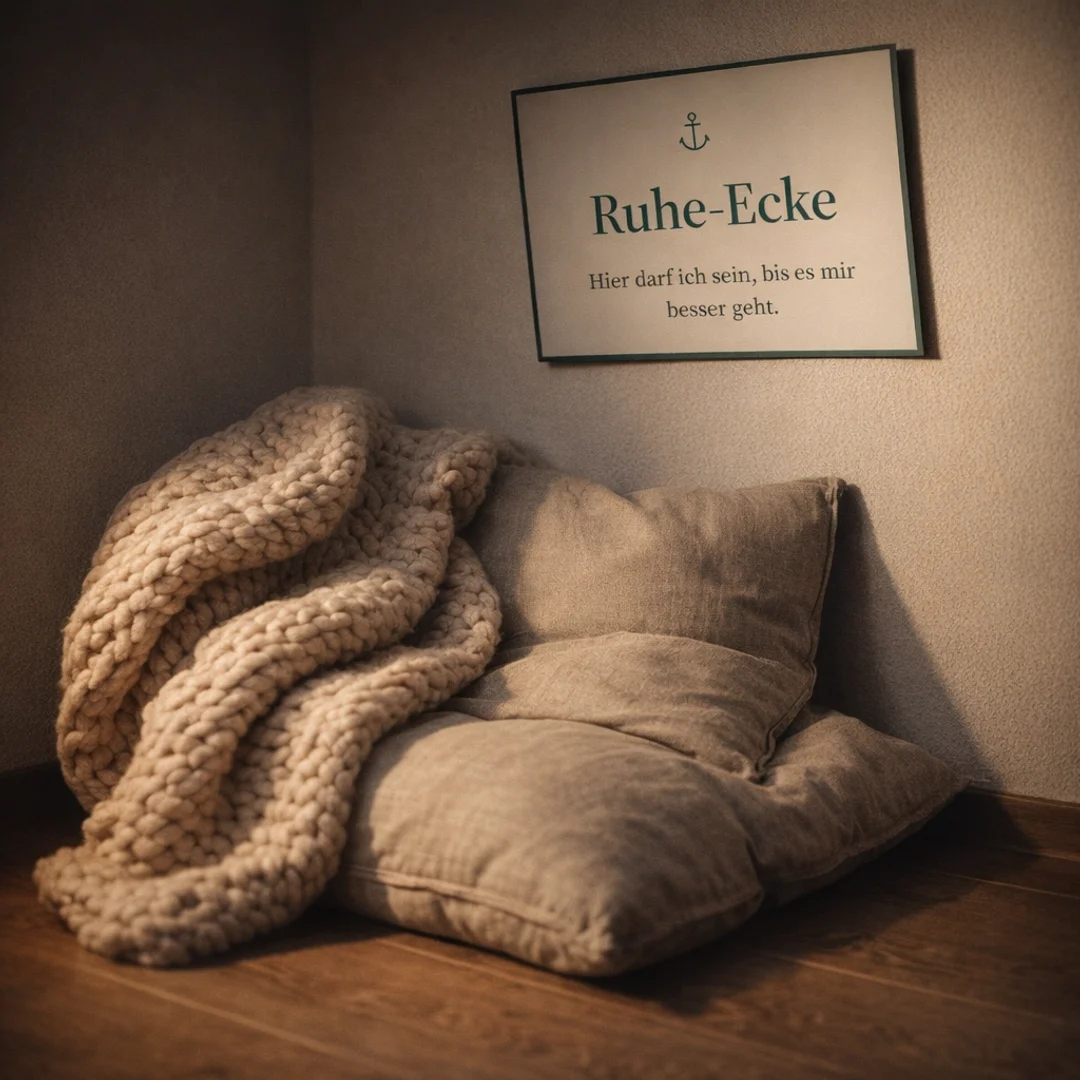 Die Ruhe-Ecke: Kissen, dicke Decke, das Schild an der Wand